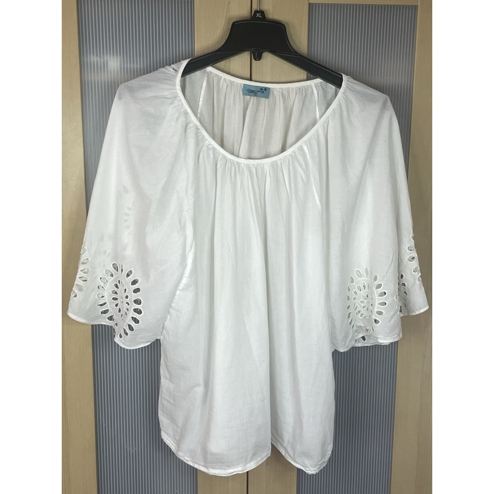 Letarte Handmade Embroidered Tunic Top White Eyelet XL Boho Resort Summer